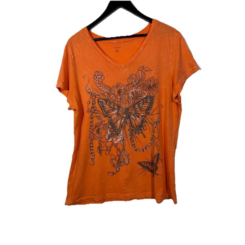 Westbound Butterfly Graphic Orange Rhinestone Crystal Distressed V-Neck XL AS IS